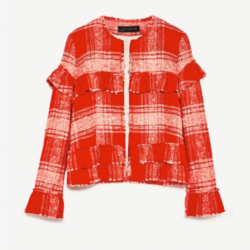 Zara women’s frayed ruffle red and white open front tweed jacket size M